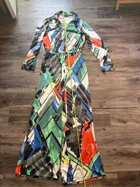 Multicolor Abstract Print Long Sleeve Jumpsuit